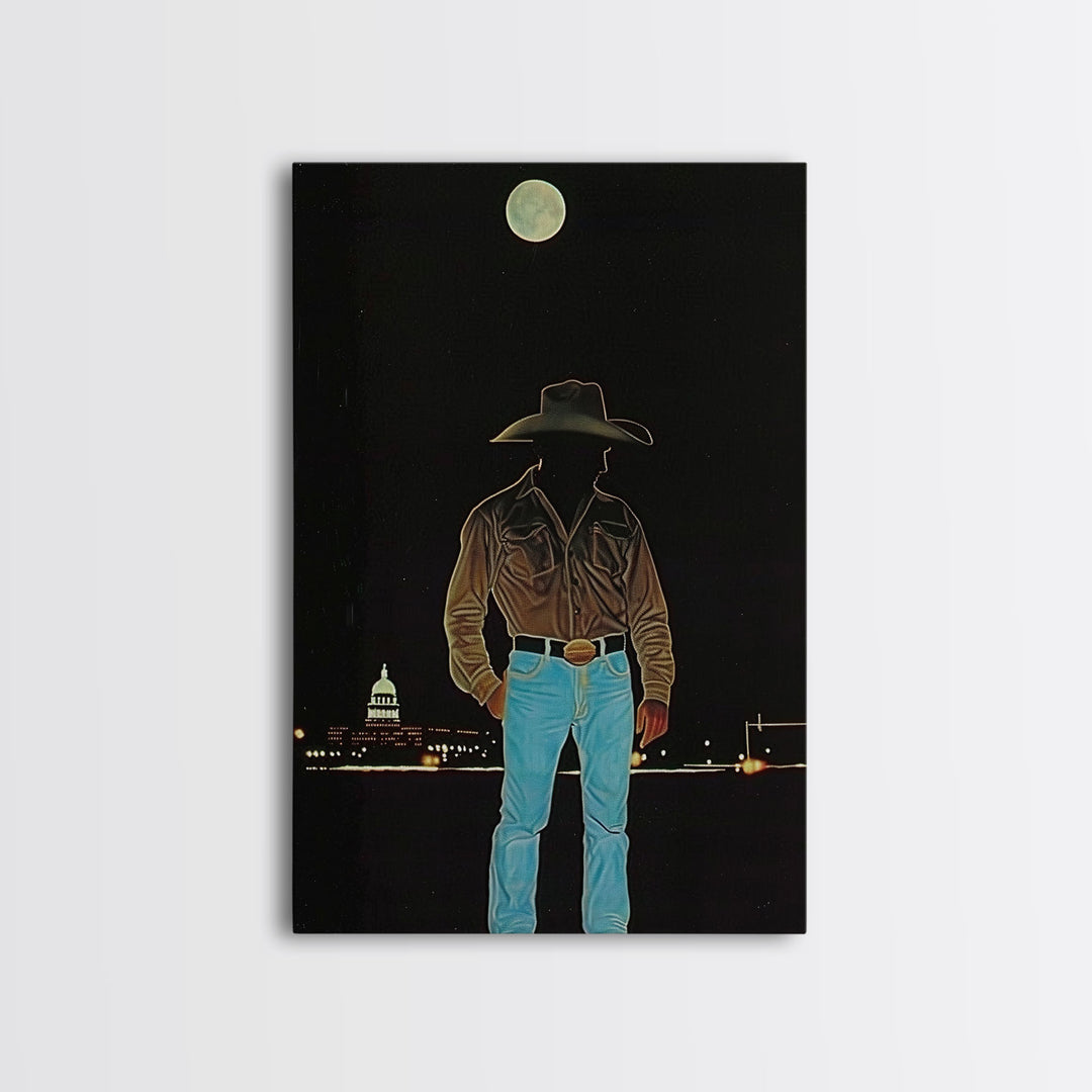 Cowboy Under the Moon Print - Framed Canvas Wall Art, Rustic Western Decor, Nighttime Cowboy Artwork for Living Room, Western Night Sky