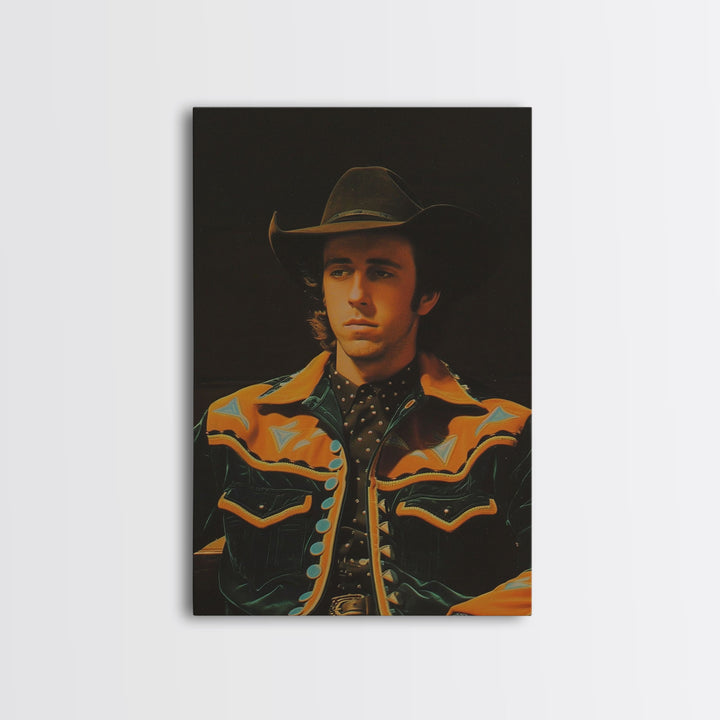 Retro Cowboy Portrait Print - Framed Canvas Wall Art, Rustic Western Decor, Vintage Cowboy Artwork for Living Room, Historical Portrait