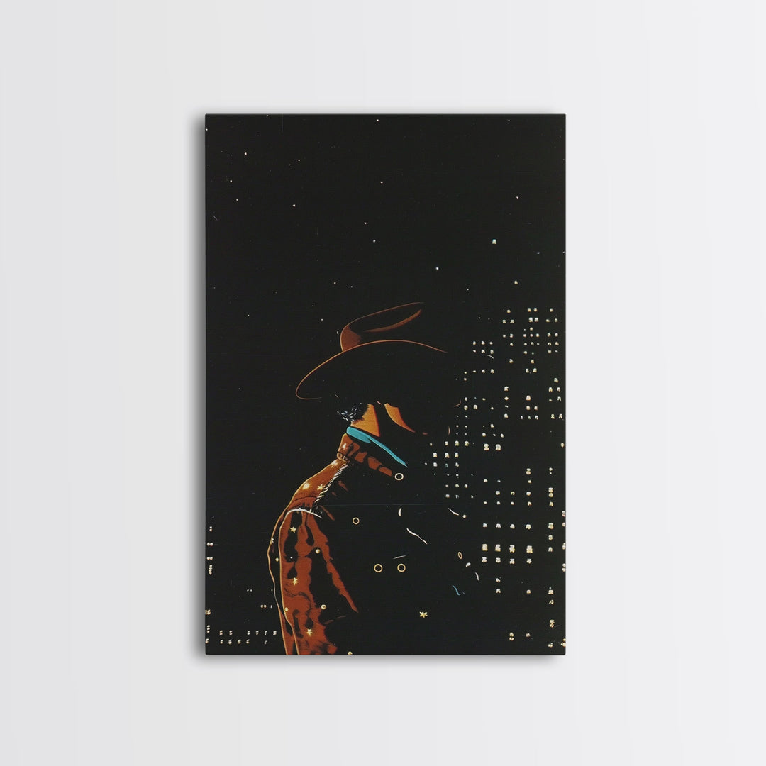 Cowboy in the City Night Print - Framed Canvas Wall Art, Urban Western Decor, City Cowboy Artwork for Living Room, Modern Western Art