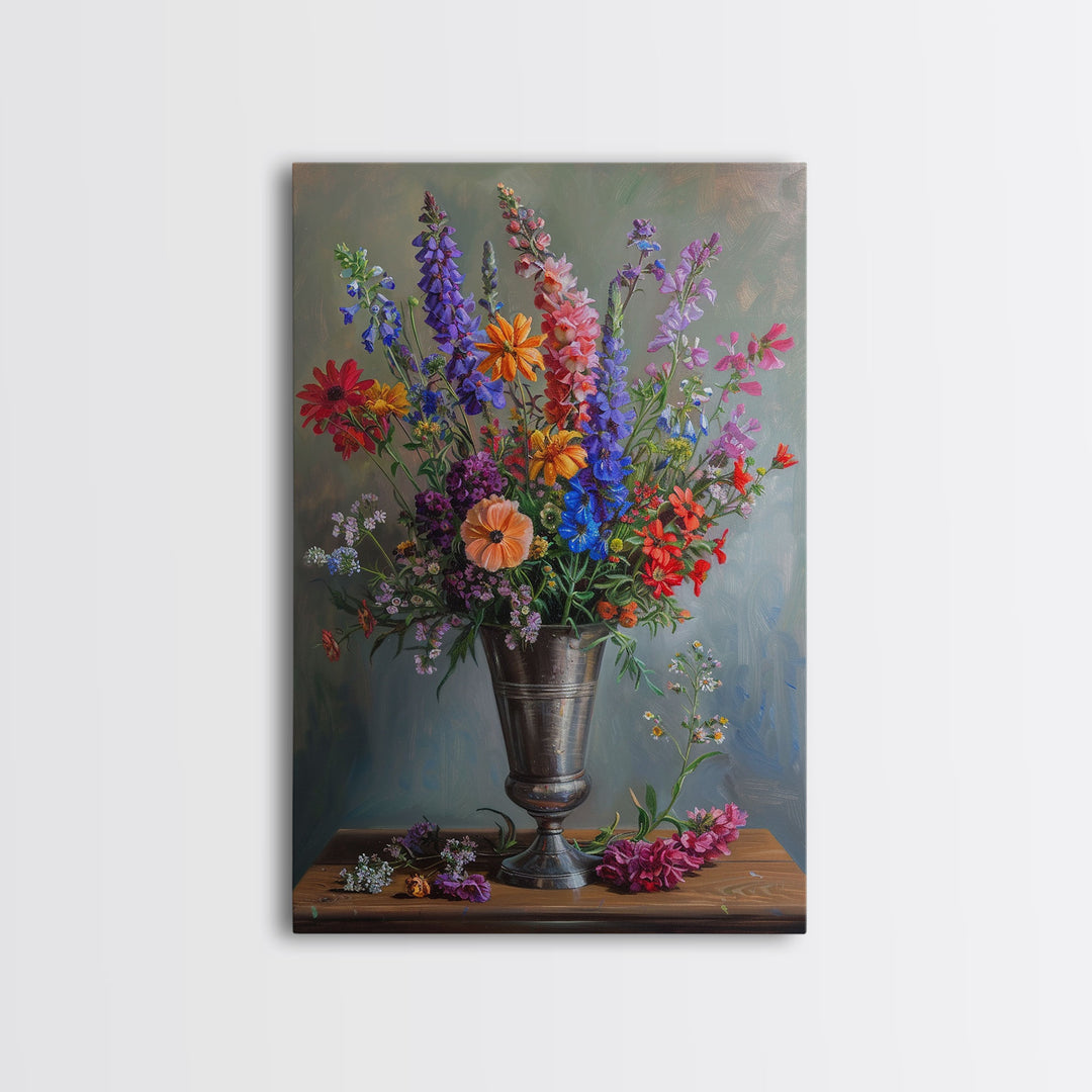 Colorful Flower Vase Print - Framed Canvas Wall Art, Bright Floral Decor for Living Room, Colorful Flower Artwork for Home, Floral Wall Art