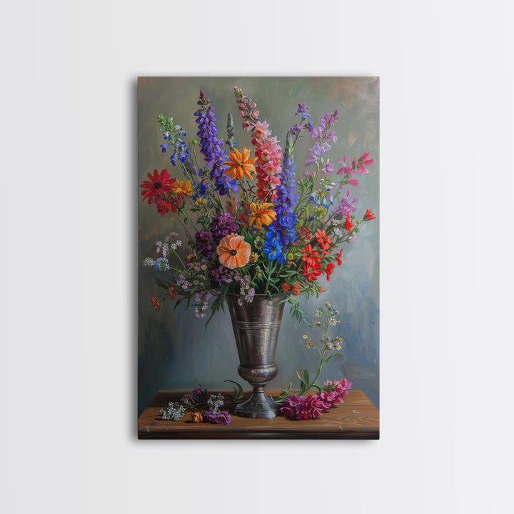 Colorful Flower Vase Print - Framed Canvas Wall Art, Bright Floral Decor for Living Room, Colorful Flower Artwork for Home, Floral Wall Art