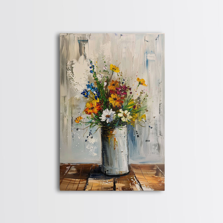 Modern Abstract Flower Vase Art - Framed Canvas Print, Colorful Floral Decor for Living Room, Contemporary Flower Artwork, Bright Home Decor