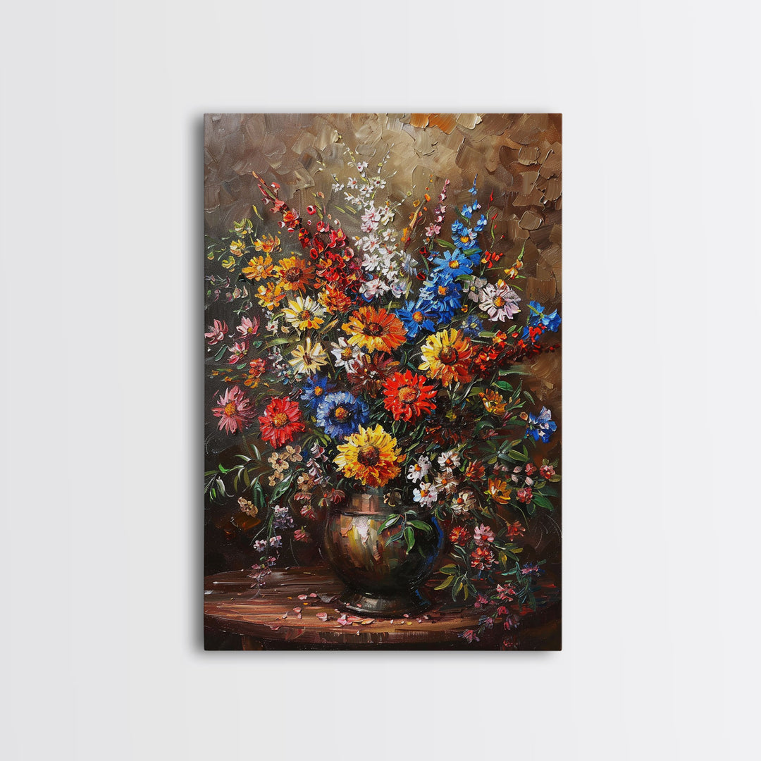 Bold Flower Bouquet Art on Dark Background - Framed Canvas Print, Vibrant Floral Wall Art for Living Room, Modern Artwork, Flower Decor