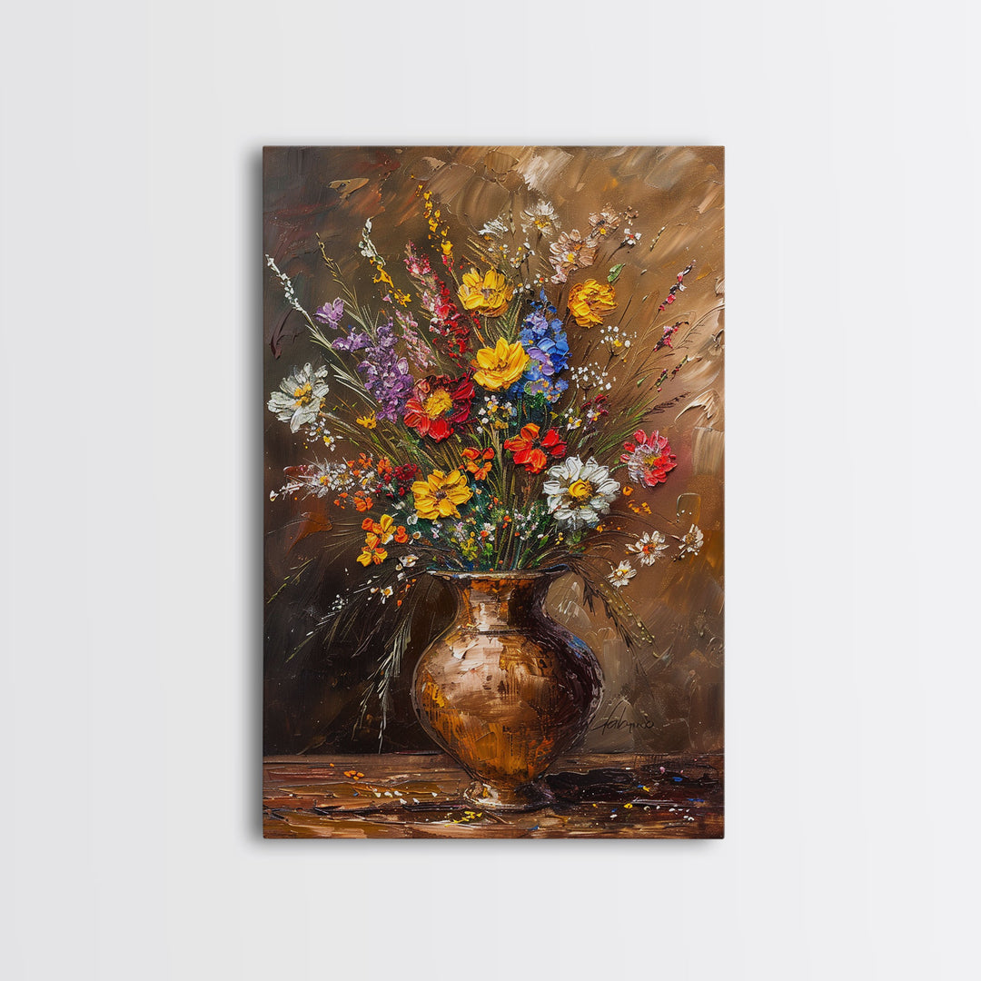 Lush Floral Arrangement in Vase Art - Framed Canvas Print, Colorful Flower Decor for Living Room, Bright Botanical Artwork, Nature Wall Art