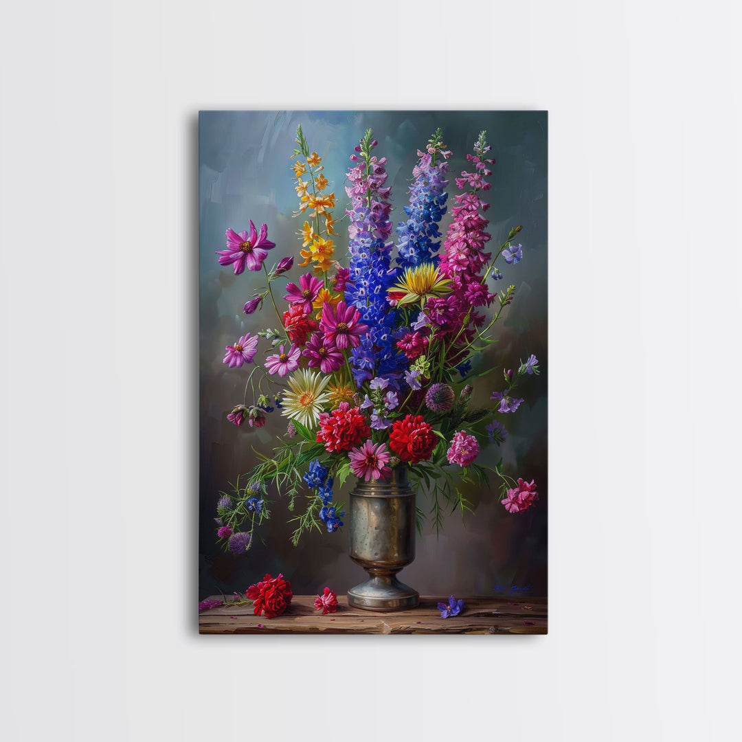 Dramatic Floral Vase Art on Rich Background - Framed Canvas Print, Bold Flower Decor for Living Room, Botanical Artwork, Floral Wall Art