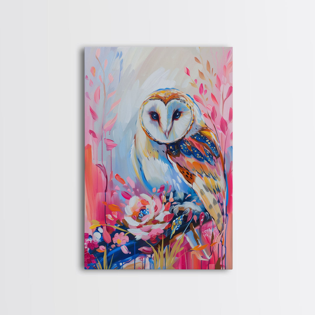 Colorful Owl Art on Pink Background - Framed Canvas Print, Modern Animal Decor for Living Room, Bright Bird Artwork, Whimsical Wall Art