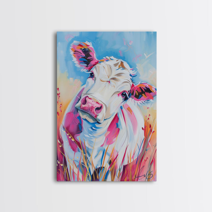 Whimsical Colorful Cow Portrait - Modern Farmhouse Wall Art, Vibrant Animal Painting, Living Room Decor, Cute Cow Canvas Print