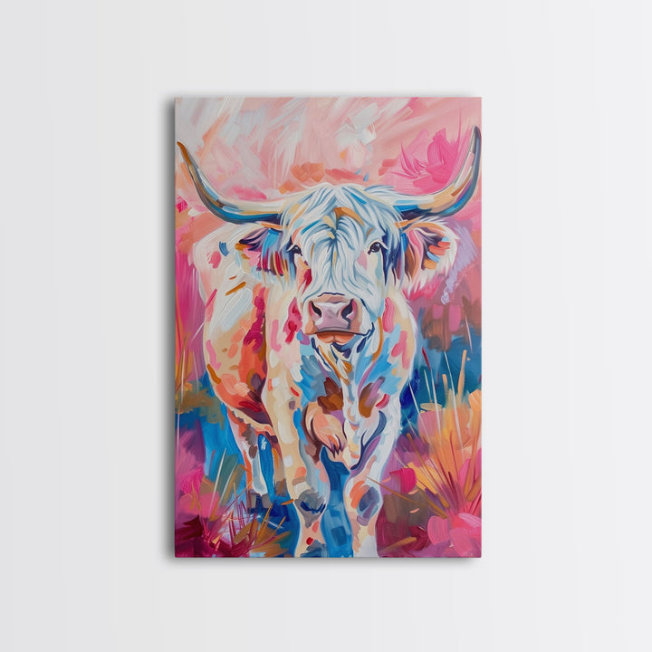 Colorful Highland Cow Art - Rustic Farmhouse Wall Decor, Vibrant Animal Painting, Living Room Art, Highland Cow Canvas Print