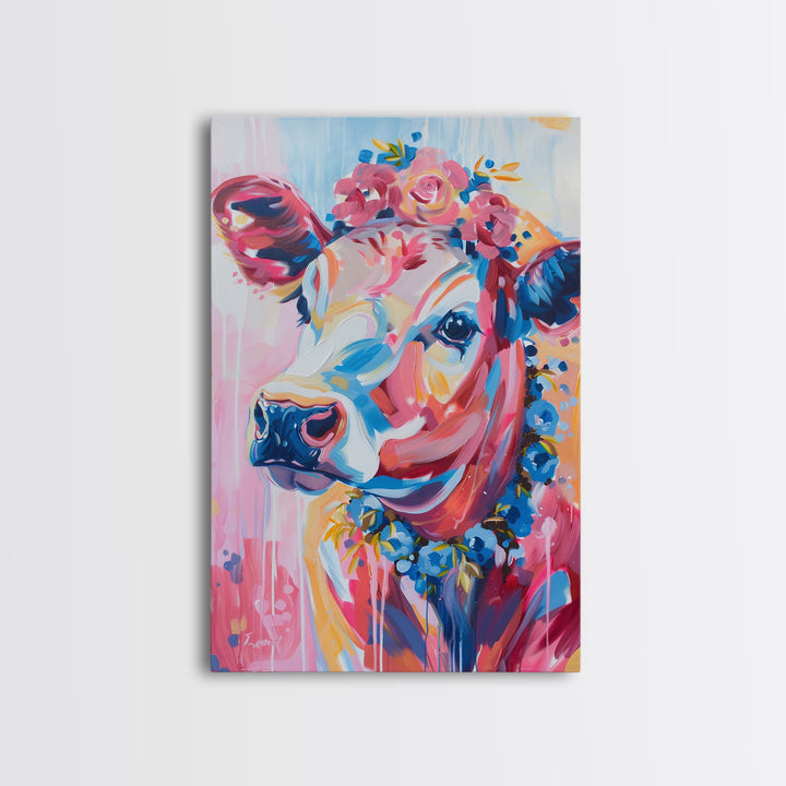 Floral Crowned Cow Portrait - Whimsical Farmhouse Wall Art, Vibrant Animal Painting, Bedroom Decor, Cute Cow Canvas Print