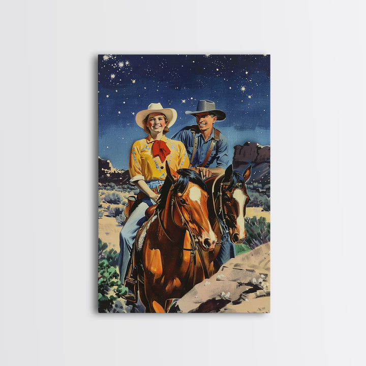 Vintage Western Couple Riding Horses Under Stars - Rustic Cowboy Wall Art, Night Sky Painting, Living Room Decor, Western Canvas