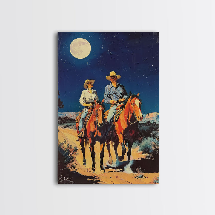 Western Cowboys Riding Horses Under Moonlight - Rustic Night Sky Wall Art, Cowboy Painting, Living Room Decor, Western Canvas