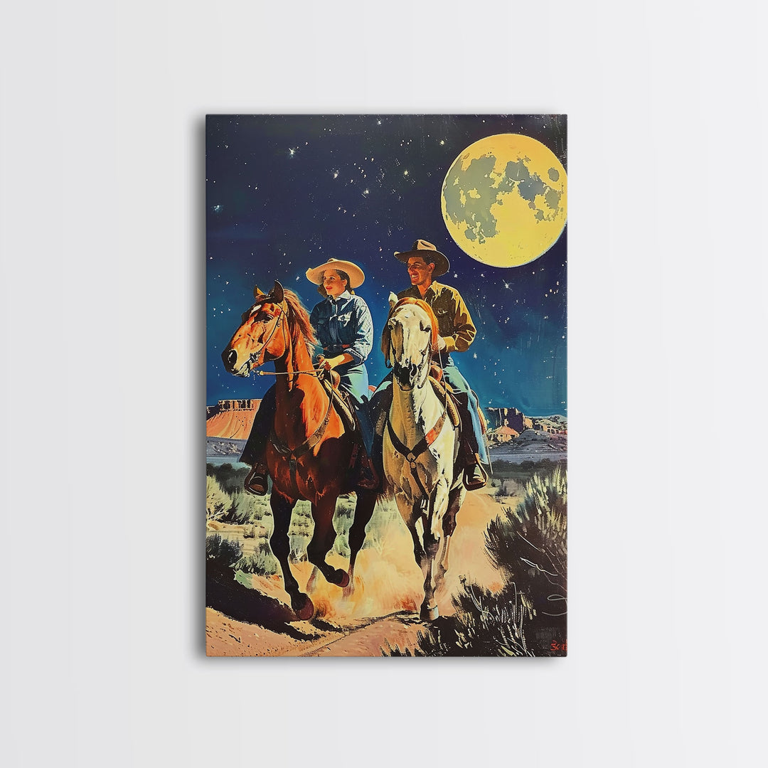 Vintage Cowboy Couple Under Moonlit Sky - Rustic Western Wall Art, Night Sky Painting, Bedroom Decor, Cowboy Canvas Print