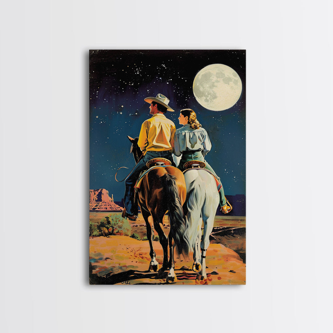 Cowboy Couple Gazing at Moon - Vintage Western Wall Art, Romantic Night Sky Painting, Living Room Decor, Cowboy Canvas Print