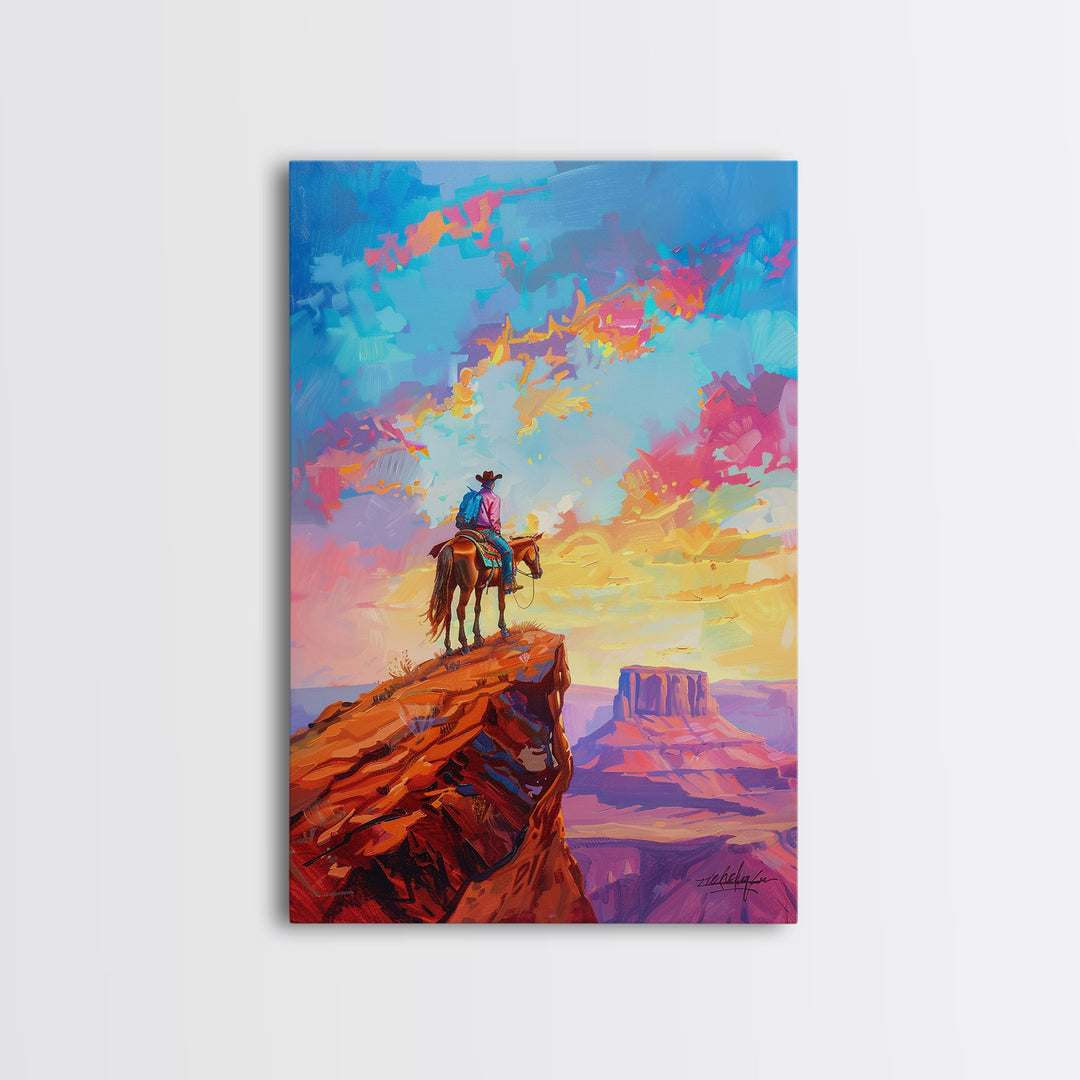 Cowboy on Horseback Overlooking Canyon - Vibrant Western Landscape Art, Sunset Painting, Living Room Decor, Cowboy Canvas Print