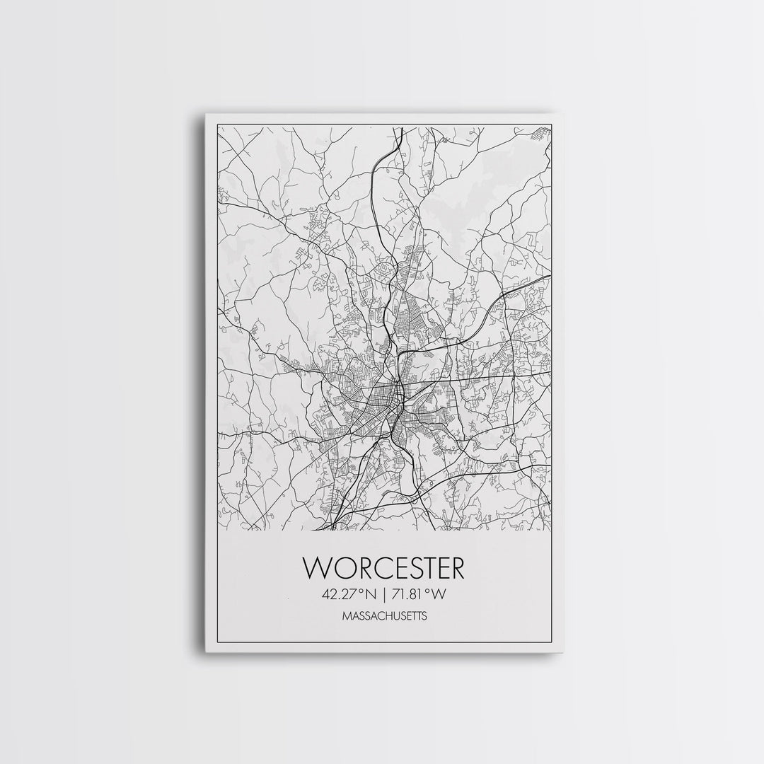 Worcester Street Map, Massachusetts Map, City Map Print, Minimalist Art, Wall Art, Canvas Print, Home Office Wall Art, Unique Travel Gifts