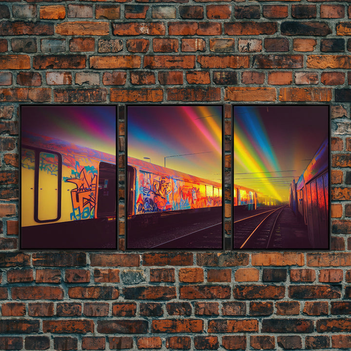 Urban graffiti, graffiti covered train cars, urban art, 3 piece canvas, 3 piece wall art, synthwave dystopian art