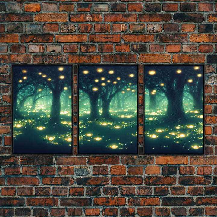 Fantasy forest wall decor, ready to hang 3 piece canvas print, 3 piece wall art, firefly wall art, Fireflies In A Fairy Forest at Night