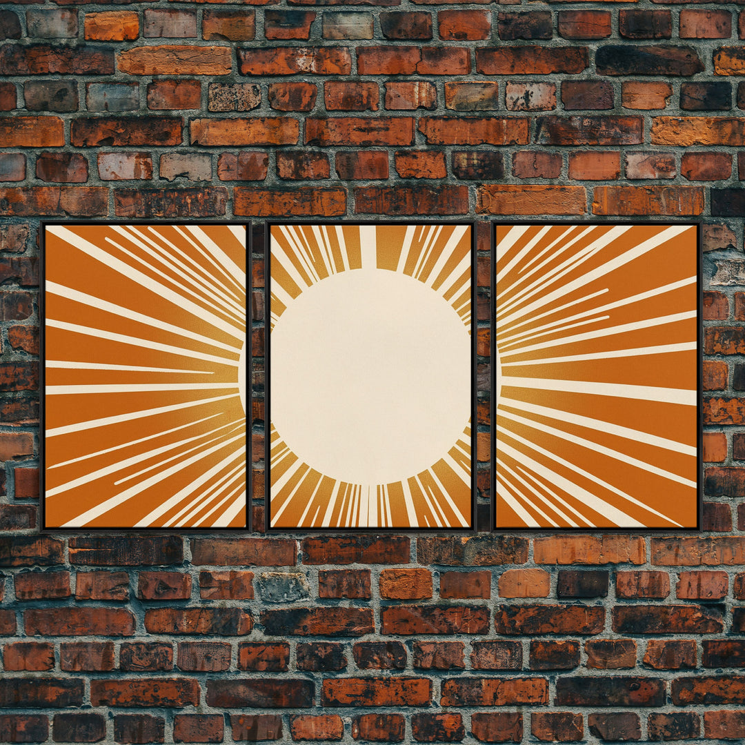 Sun Print Set Of 3, Framed Canvas Prints, Boho Minimalist Midcentury Modern Wall Art, Geometric Sun Print, Nursery Boho Style Decor Triptych