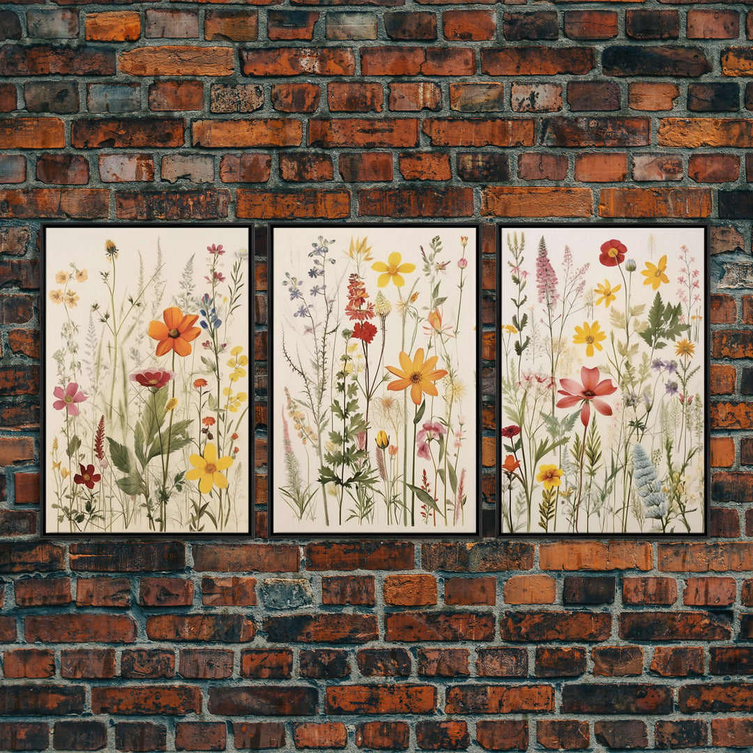 Framed Canvas Wall Art Set, 3 Piece Art, Watercolor Wildflowers Floral / Botanical Print, Minimalist Wall Art, Boho Decor, Colorful Art