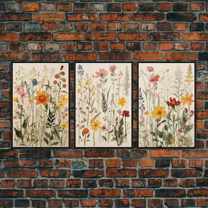 Boho Framed Canvas Wall Art Set, 3 Piece Art, Watercolor Wildflowers Floral / Botanical Print, Minimalist Wall Art, Boho Decor, Colorful Art