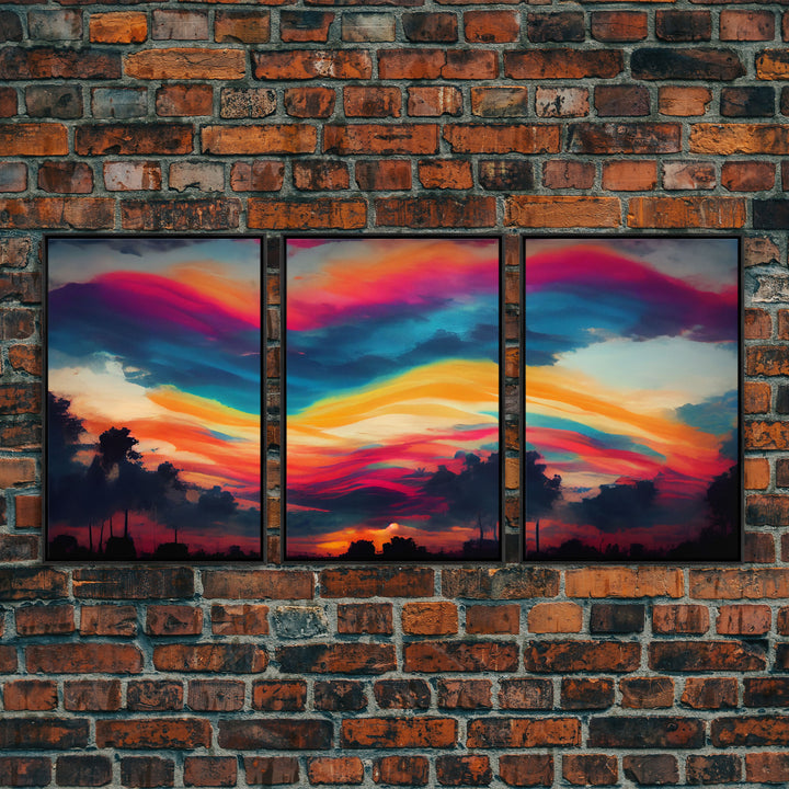 Psychedelic sunrise, beautiful colorful wall art, 3 piece canvas print, three piece wall art, living room above the couch art