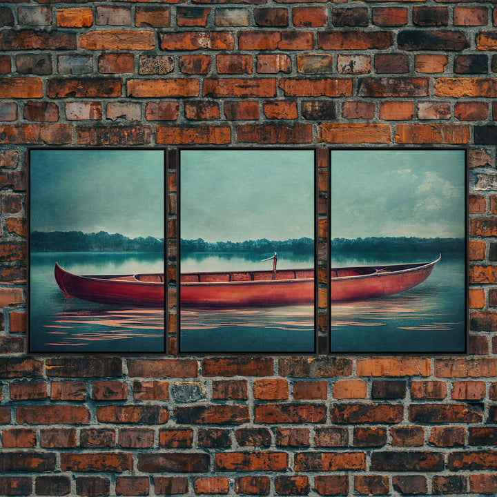 Skiff on the lake, Abandoned canoe, lake house art, 3 piece canvas, 3 piece wall art, cool unique living room art