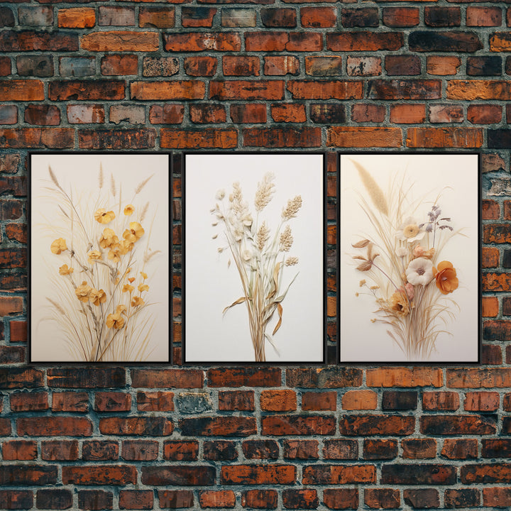 Rustic Framed Canvas Wall Art Set of 3, Modern Farmhouse Decor, Botanical Prints, Neutral Colors, Minimalist Art, Boho Farmhouse Decor