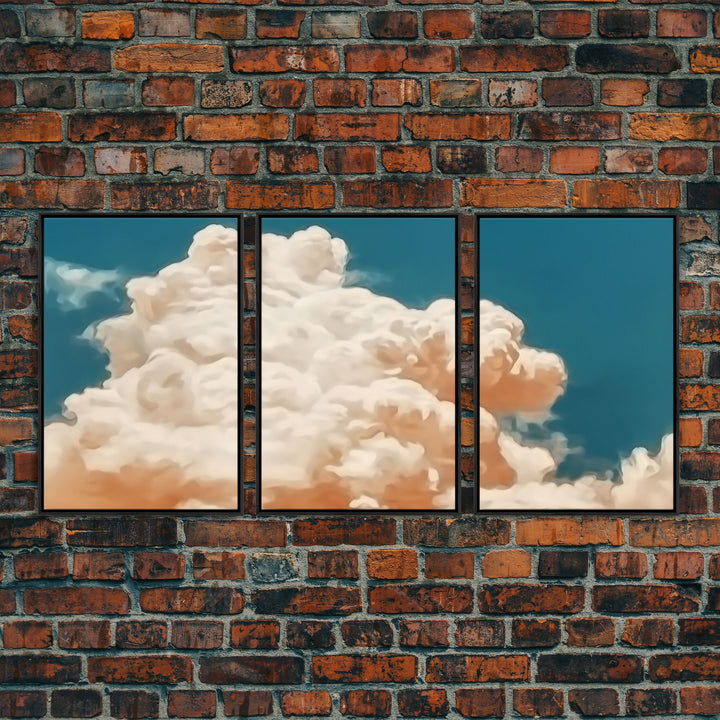 Clouds On Canvas, Framed Wall Art Set of 3 Pastel Cloud Navy Blue Sky Nature Landscape Prints Minimalist Modern Art Nature Wall Decor