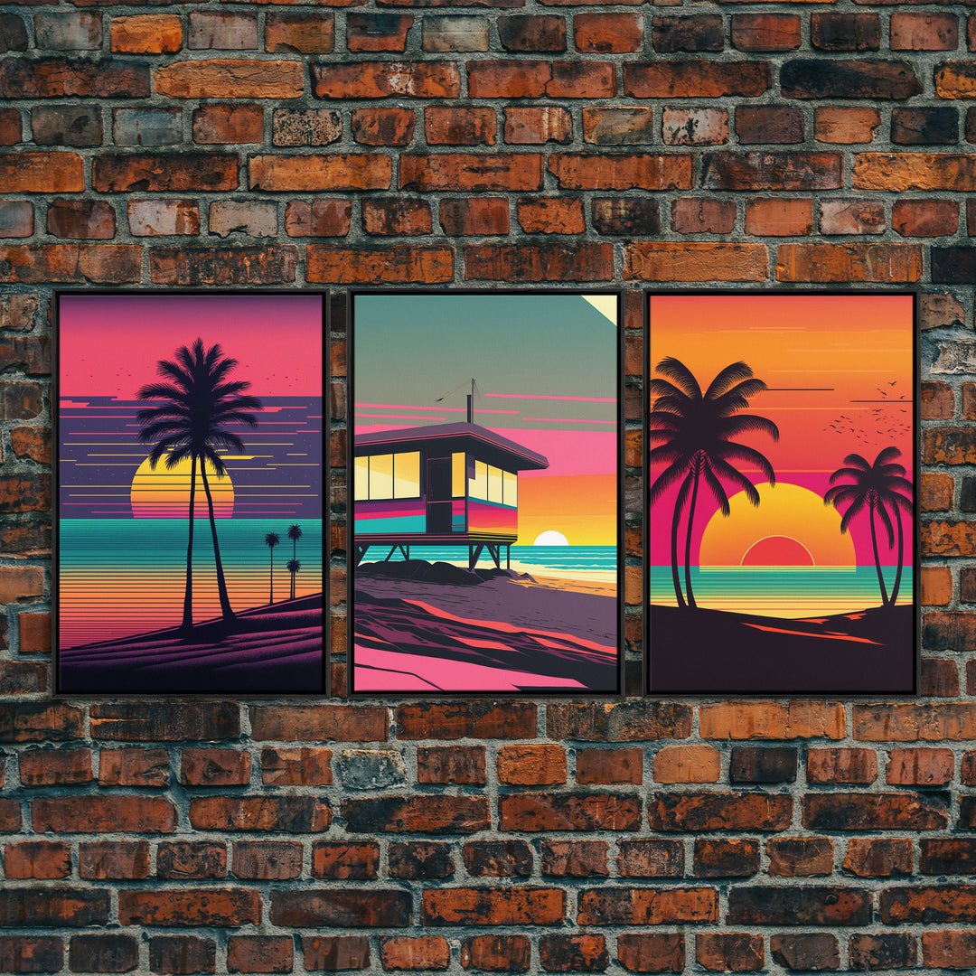 Beach Vibes, 3 Panel Wall Art, Framed Canvas Prints, Triptych Art, 3 Piece, 80s Vibes Vaporwave Wall Art, Life Guard Hut and Palm Trees