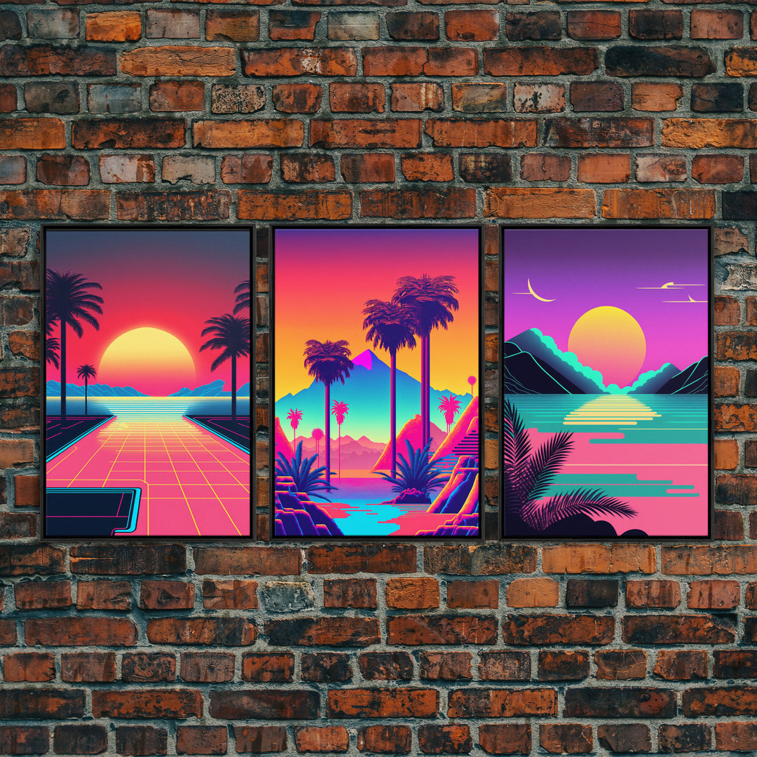 Retro 80s Style Art, 3 Panel Framed Canvas Prints, Canvas Wall Art, Synthwave / Vaporwave Aesthetic Retro Style Wall Art