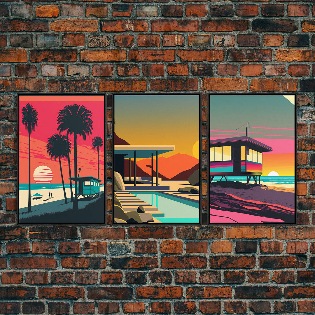 MCM Style Retro Wall Decor, Framed Canvas Prints, Triptych 3 Panel Wall Art, Retrowave Beach Art, Synthwave / Vaporwave Architecture Art