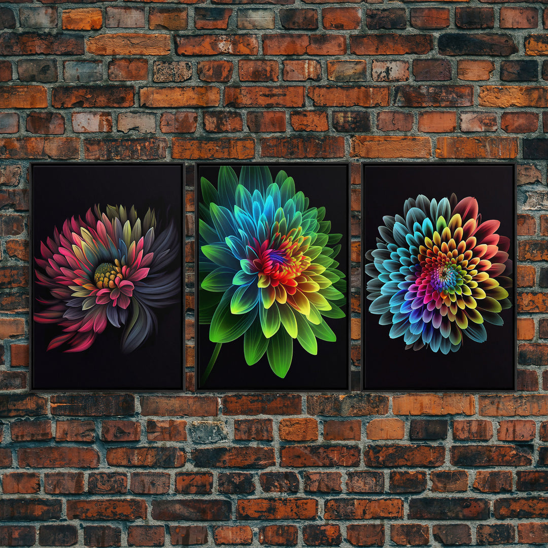 Triptych 3 Panel Wall Art - Framed Canvas Prints - Neon Flowers - Retro Style Flower Paintings - Boho Decor - Minimalist Wall Art - Modern