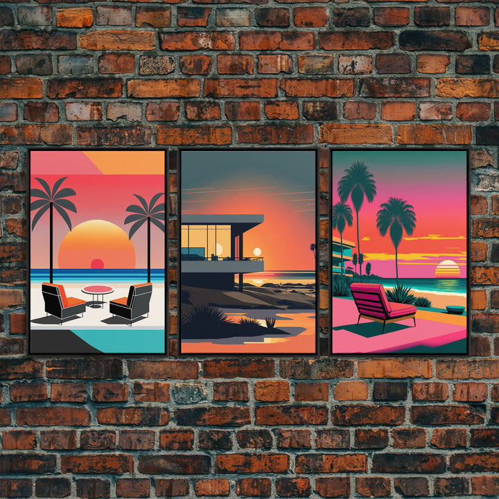 Vaporwave Aesthetic Wall Art Framed Canvas, Set of 3 Framed Canvas, Tropical Decor, Travel Posters, Original Art Framed Canvas