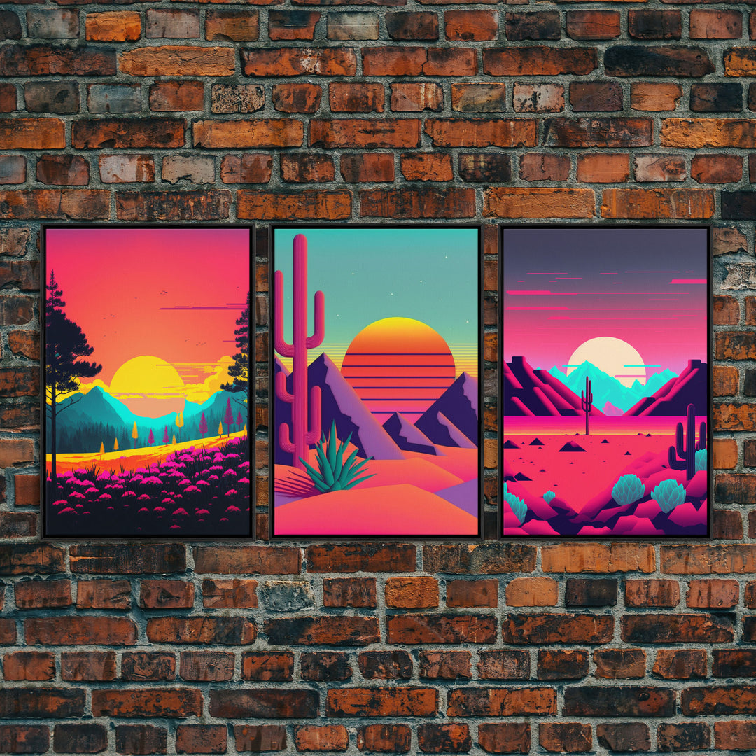 Retro Synthwave Style 80s Vibes Art, 3 Panel Canvas, Triptych Art, Framed Canvas Prints, Sunset, Pink Hues, Pastel Art, Vaporwave Decor