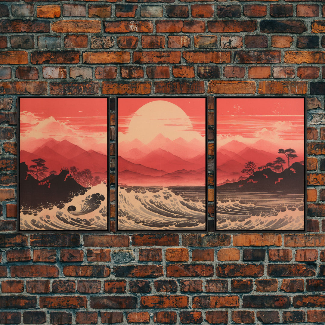 Ocean Wall Art, Ocean Waves, Mountains Print, Sunset Print, Canvas Print, Wall Art, 3 Piece Wall Art, Retro Wall Decor, Seascape Wall Art