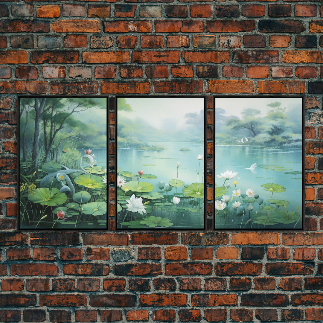 The Lilly Pads, Framed Canvas Prints, 3 Piece Art, Beautiful Pond Painting, Centerpiece Art, Nature / Landscape Painting