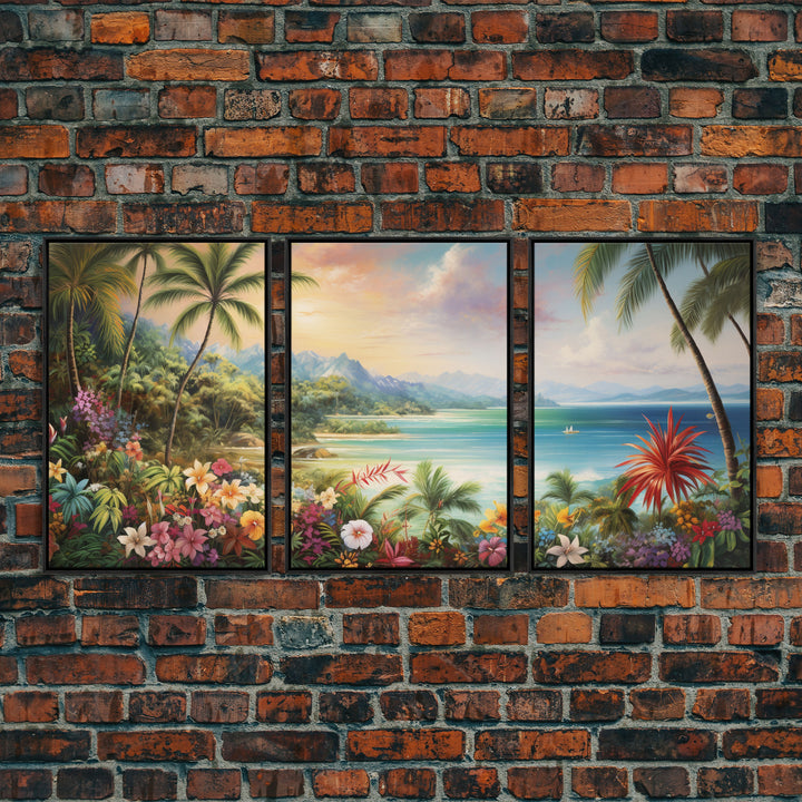 Tropical Wall Art, Beach Print, Palm Tree Wall Art, Canvas Print, Set Of 3 Prints, Wall Art, 3 Piece Wall Art, Seascape, Hawaii Wall Art