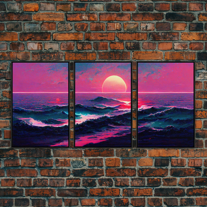 Outrun Style Synthwave Sunset Ocean Waves, 3 Piece Wall Art, Ready To Hang Canvas Print, Cool Unique Lakehouse Wall Art Decor