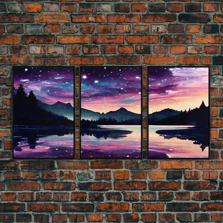 Fantasy Starry Night Magical Forest Landscape, 3 Piece Wall Art, Ready To Hang Canvas Print, Cool Unique Living Room Wall Art Decor