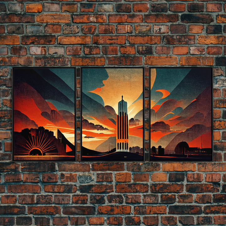 Art Deco Brutalist Architecture, Dystopian, 3 Piece Wall Art, Ready To Hang Canvas Print, Beautiful Living Room Wall Art Decor