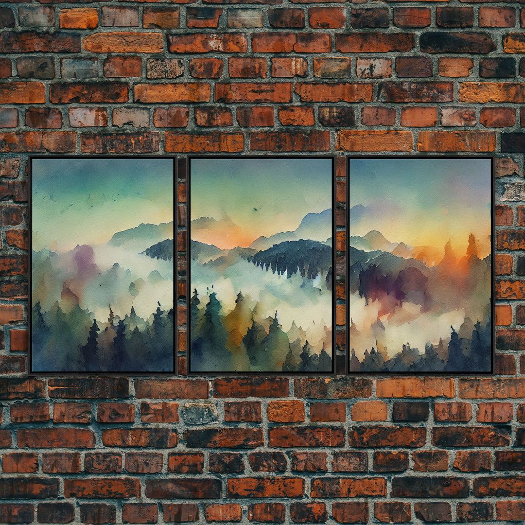 Dramatic Watercolor Sunset Landscape Abstract, Landscape Art, 3 Piece Canvas Decor, 3 Piece Wall Art, Ready To Hang Canvas Prints, Colorful