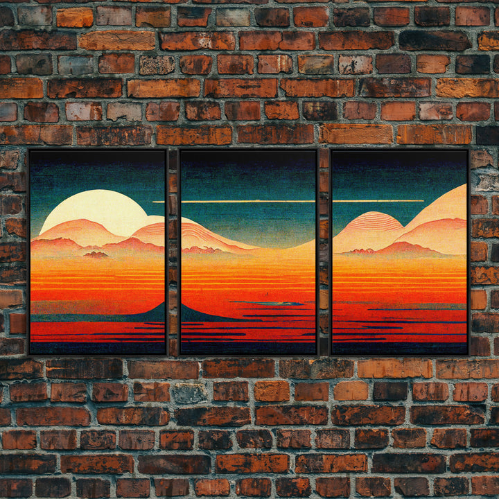 Retro Japanese Style Sunset Art, A Storm Torrent, 3 Piece Wall Art, Ready To Hang Canvas Print