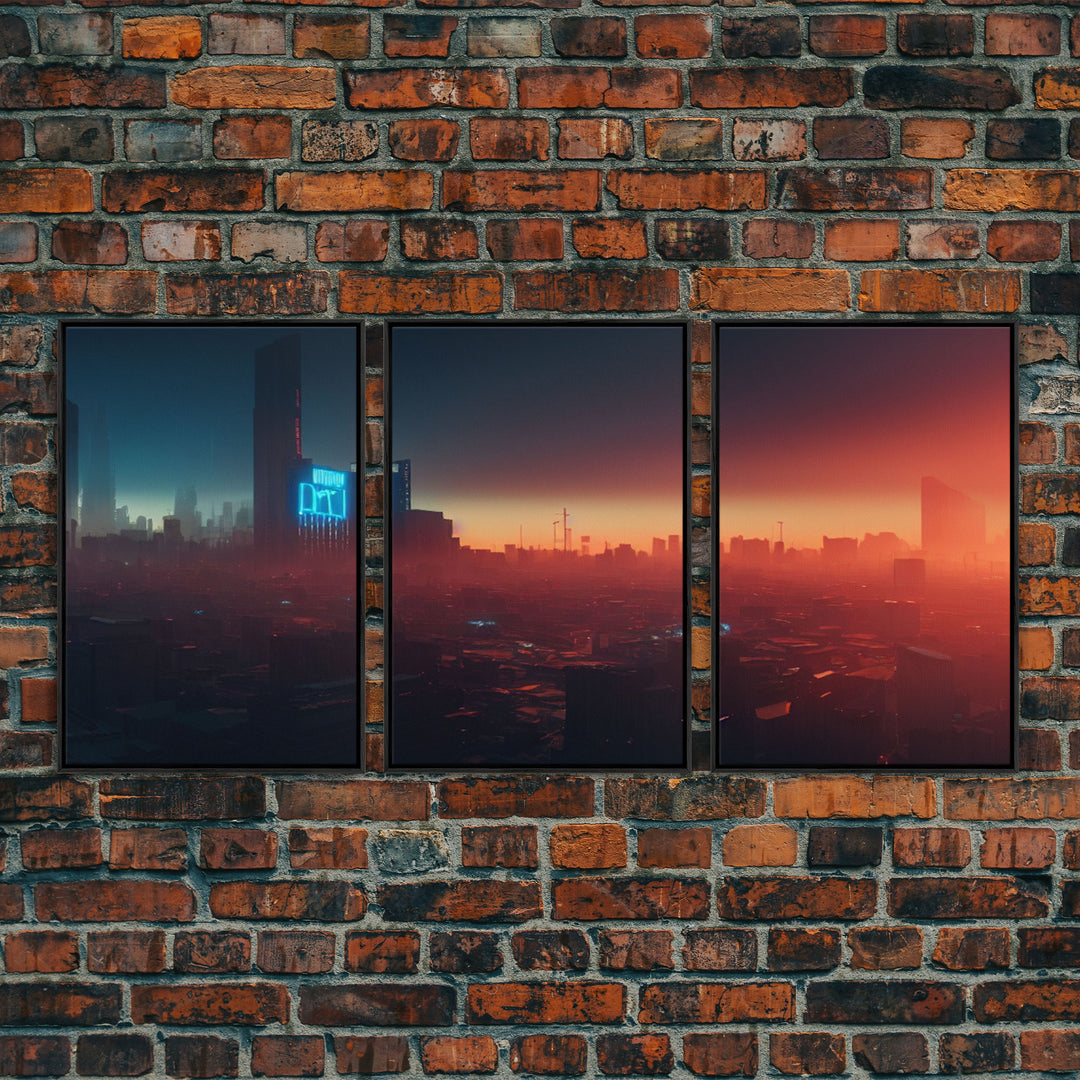 Cyberpunk Cityscape, Cyberpunk Concept Art at Sunset, Cool mancave art, 3 Piece Canvas Decor, 3 Piece Wall Art, Ready To Hang Canvas Prints