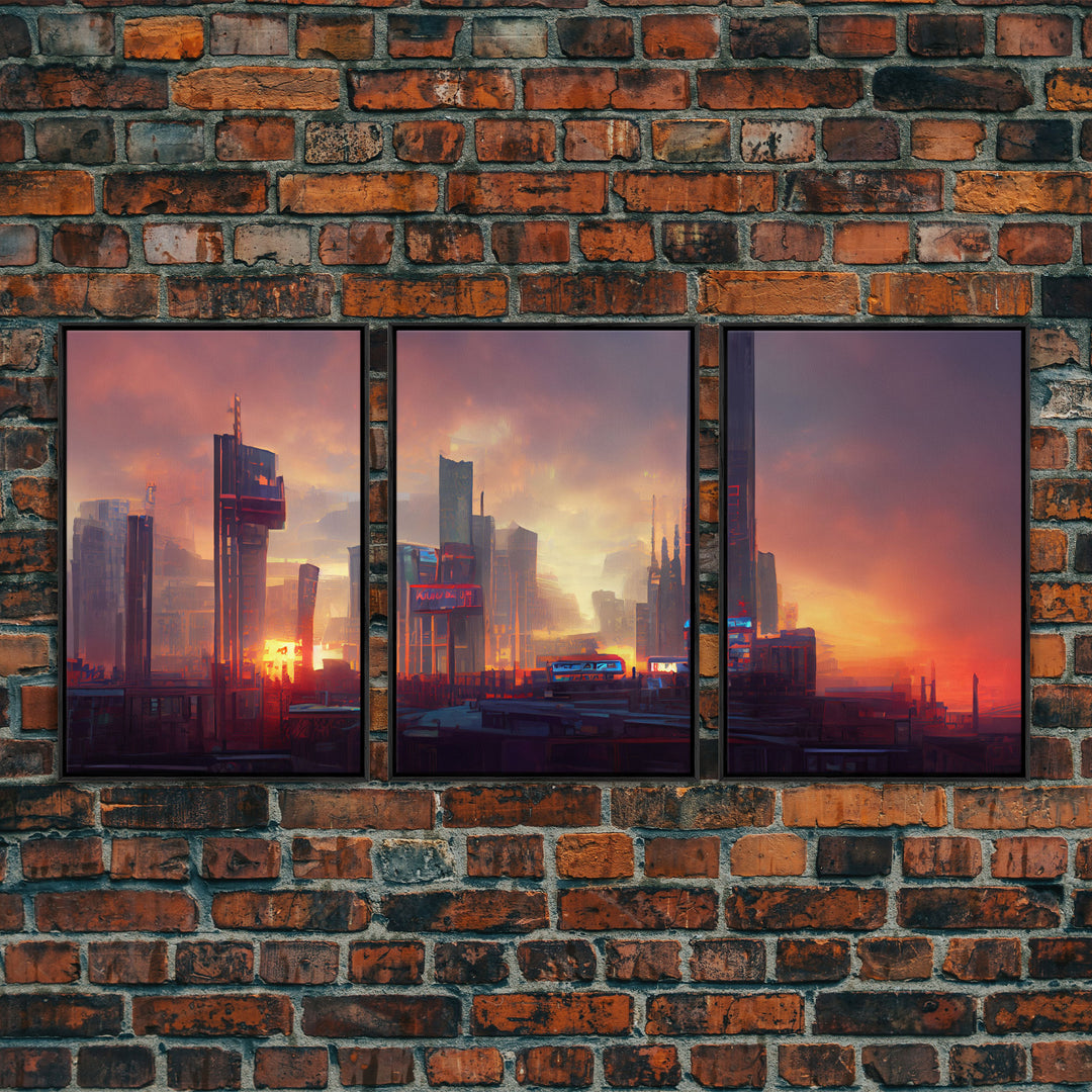 Cyberpunk City, Night City Watercolor, Videogame Concept Art, Watercolor Of a Cyberpunk City 3 Piece Wall Art, Ready To Hang Canvas Print