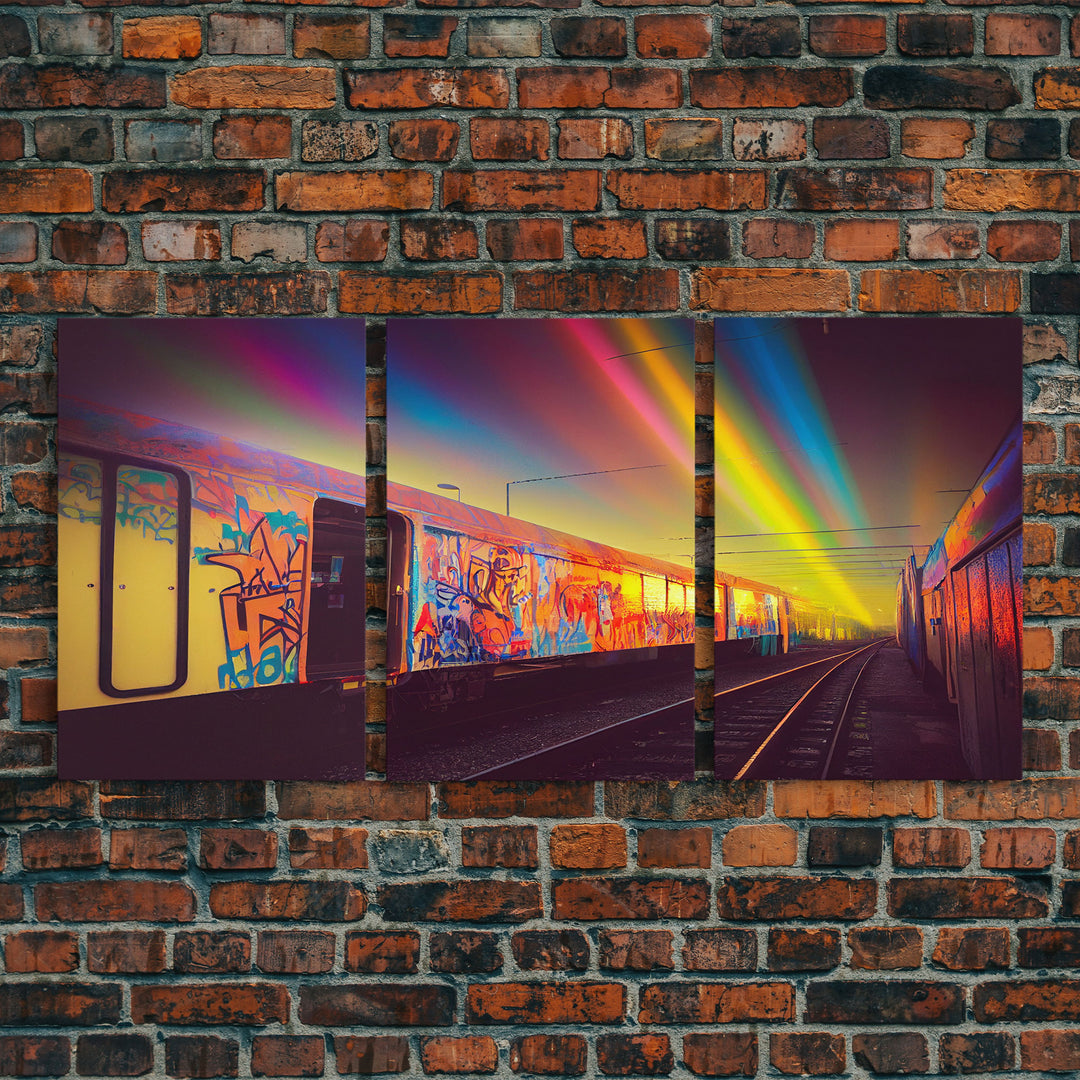 Urban graffiti, graffiti covered train cars, urban art, 3 piece canvas, 3 piece wall art, synthwave dystopian art