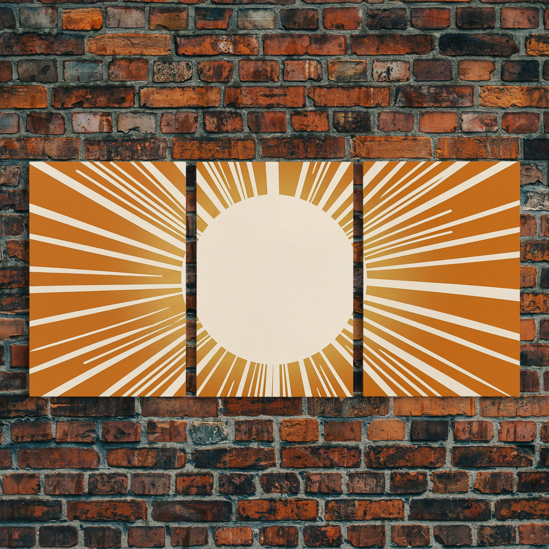 Sun Print Set Of 3, Framed Canvas Prints, Boho Minimalist Midcentury Modern Wall Art, Geometric Sun Print, Nursery Boho Style Decor Triptych