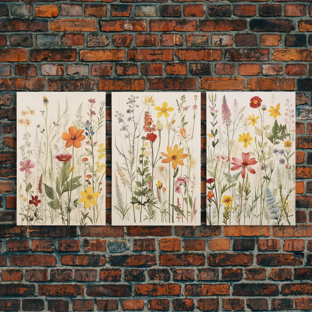 Framed Canvas Wall Art Set, 3 Piece Art, Watercolor Wildflowers Floral / Botanical Print, Minimalist Wall Art, Boho Decor, Colorful Art