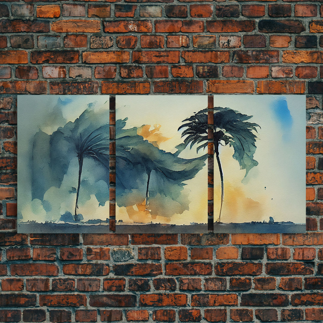 Watercolor of a palm tree blowing in a hurricane, storm art, 3 piece canvas print, 3 piece wall art