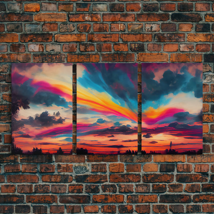 Psychedelic sunset, beautiful colorful wall art, 3 piece canvas print, three piece wall art, living room above the couch art, sun rise art