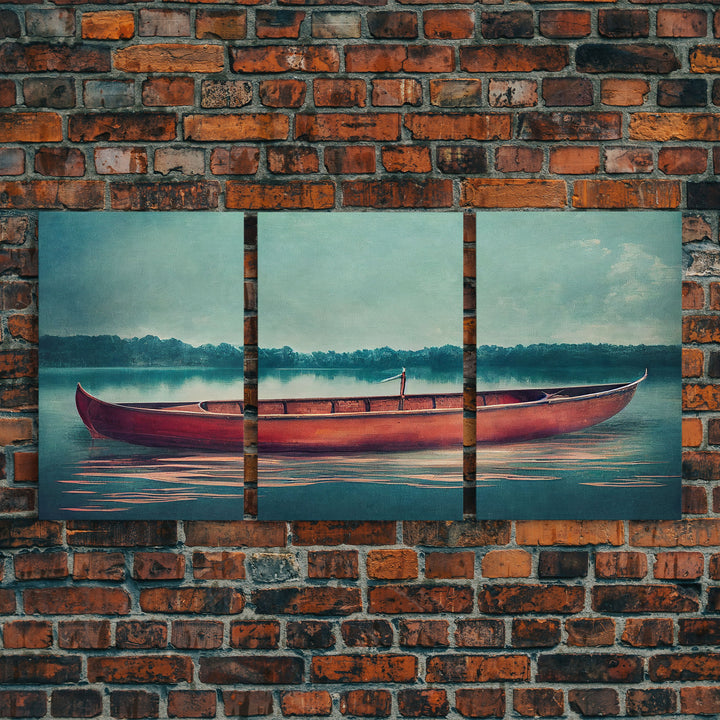 Skiff on the lake, Abandoned canoe, lake house art, 3 piece canvas, 3 piece wall art, cool unique living room art